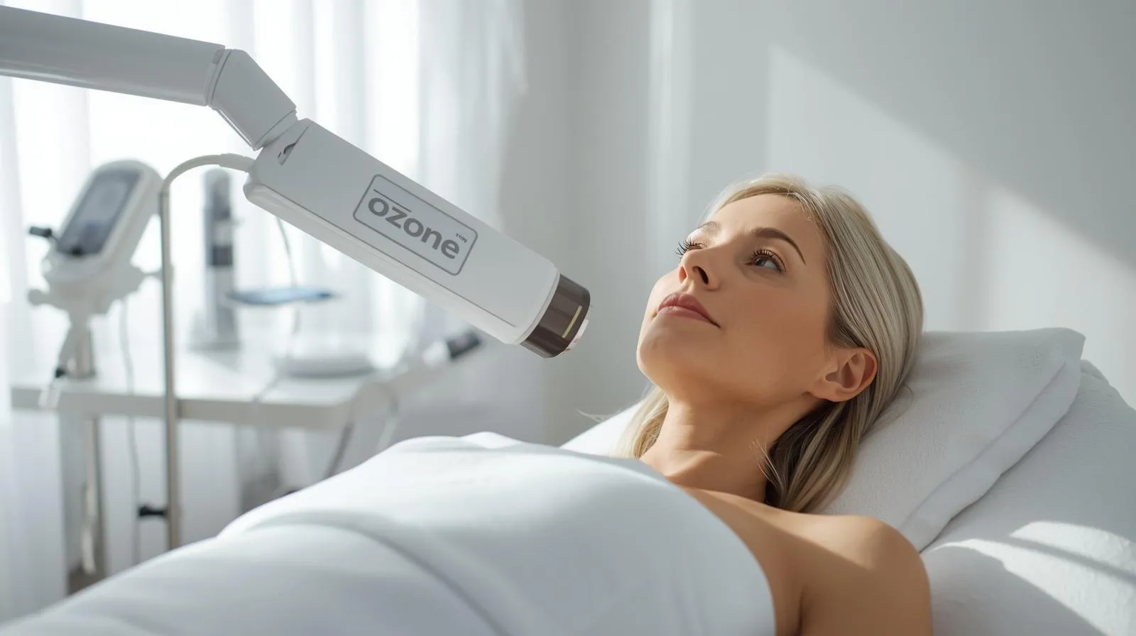 Mulher recebendo ozonioterapia de forma segura em clínica moderna — bem-estar com ozônio.