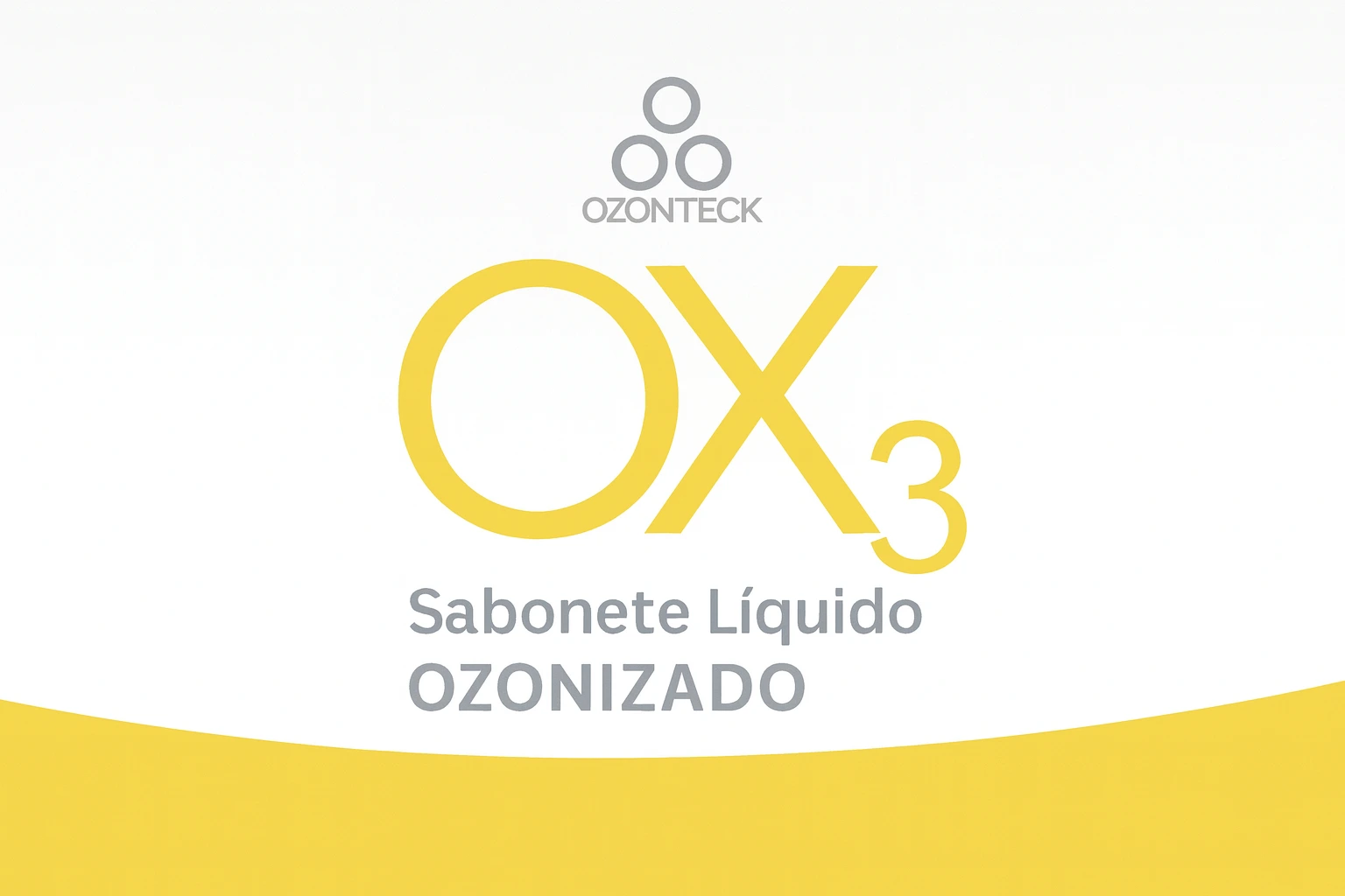 Imagem destacada do Sabonete OX3 Ozonteck mostrando o frasco branco com detalhes amarelos e design moderno, representando limpeza, cuidado e tecnologia ozonizada.
