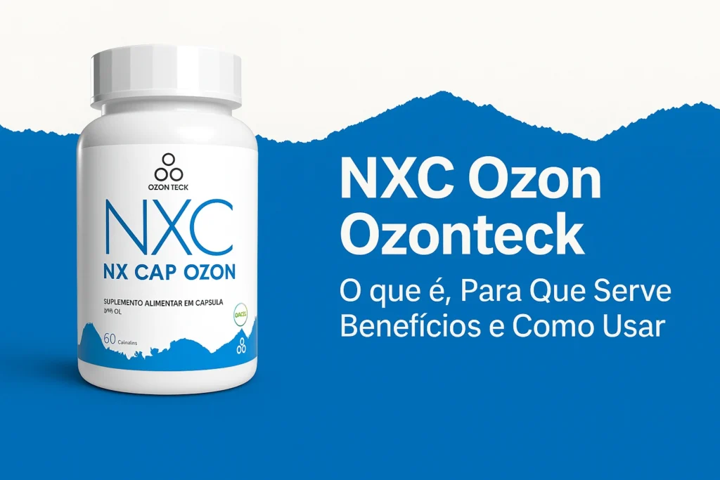 Imagem destacada do suplemento NXC Ozon Ozonteck com paleta azul e fundo limpo, representando bem-estar, energia e equilíbrio do organismo.