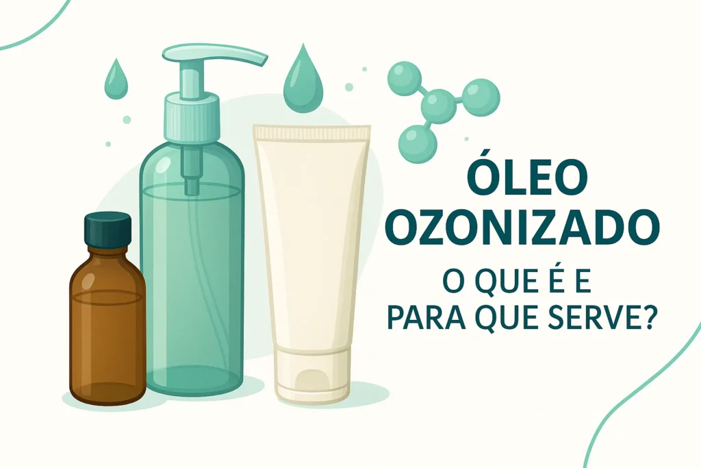 Imagem do artigo Óleo Ozonizado mostrando frascos, gotas e elementos que representam a tecnologia de ozonização vegetal.