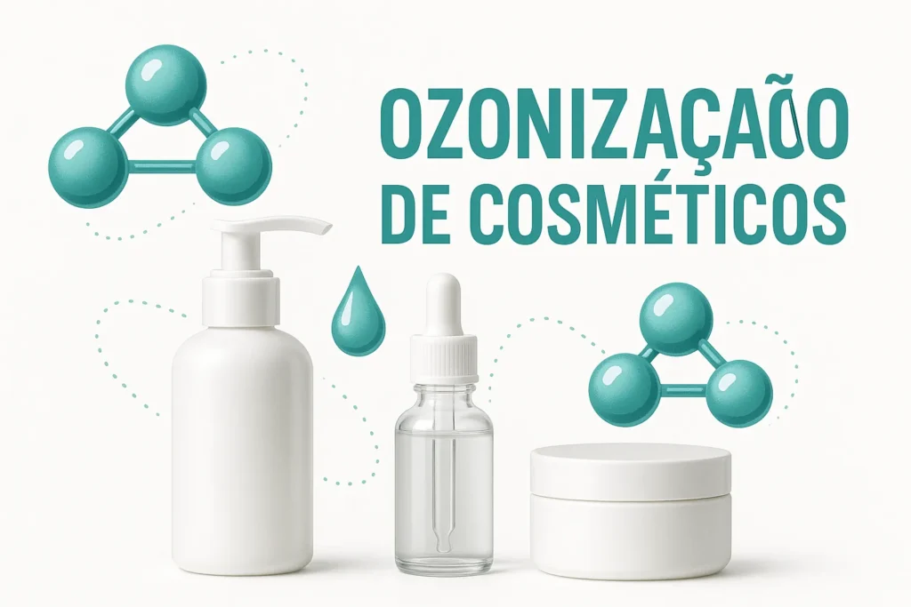 Imagem do artigo Ozonização de Cosméticos mostrando frascos e elementos visuais de ozônio, representando a tecnologia de ozonização.