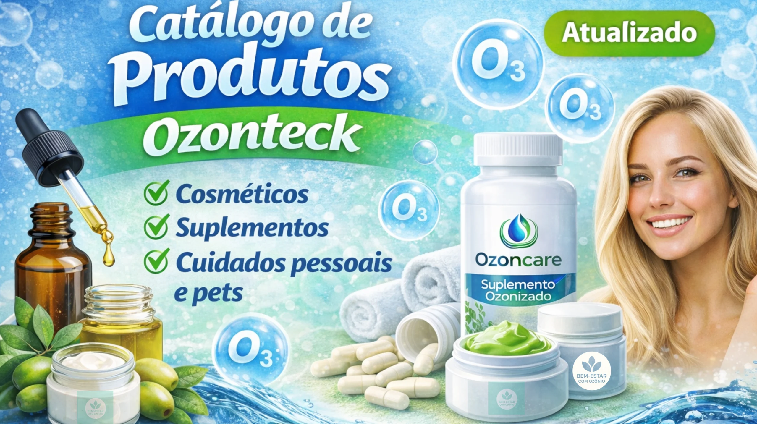 Catálogo de produtos Ozonteck com linhas ozonizadas de cosméticos, suplementos e cuidados pessoais