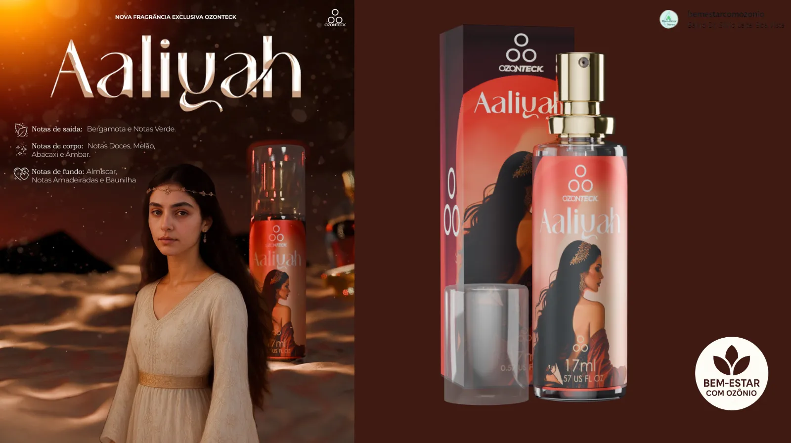 Perfume Árabe Feminino Aaliyah Ozonteck 17ml em cenário de luxo oriental.