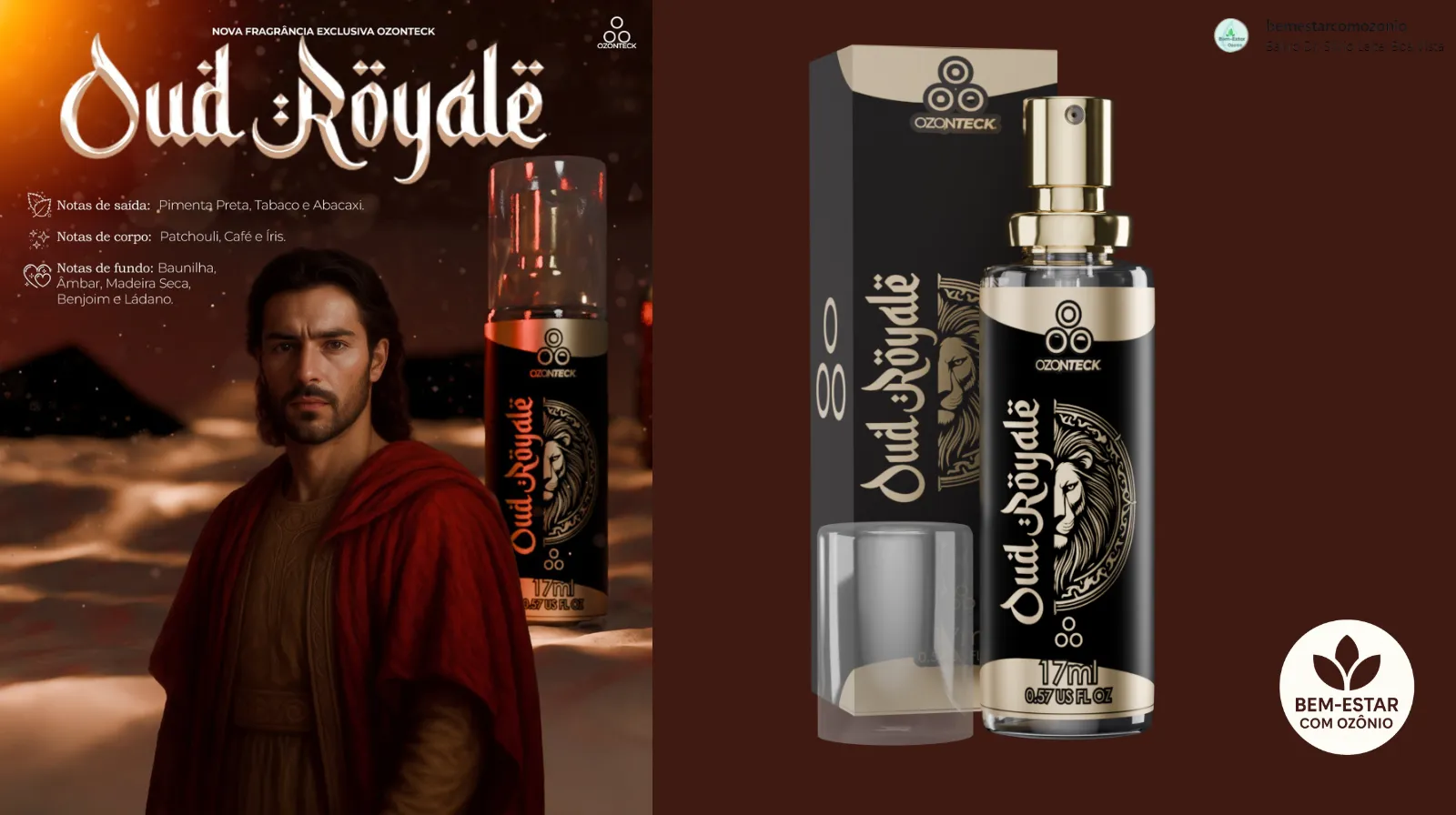 Perfume Árabe Masculino Oud Royale Ozonteck 17ml com modelo masculino e leão ao fundo.