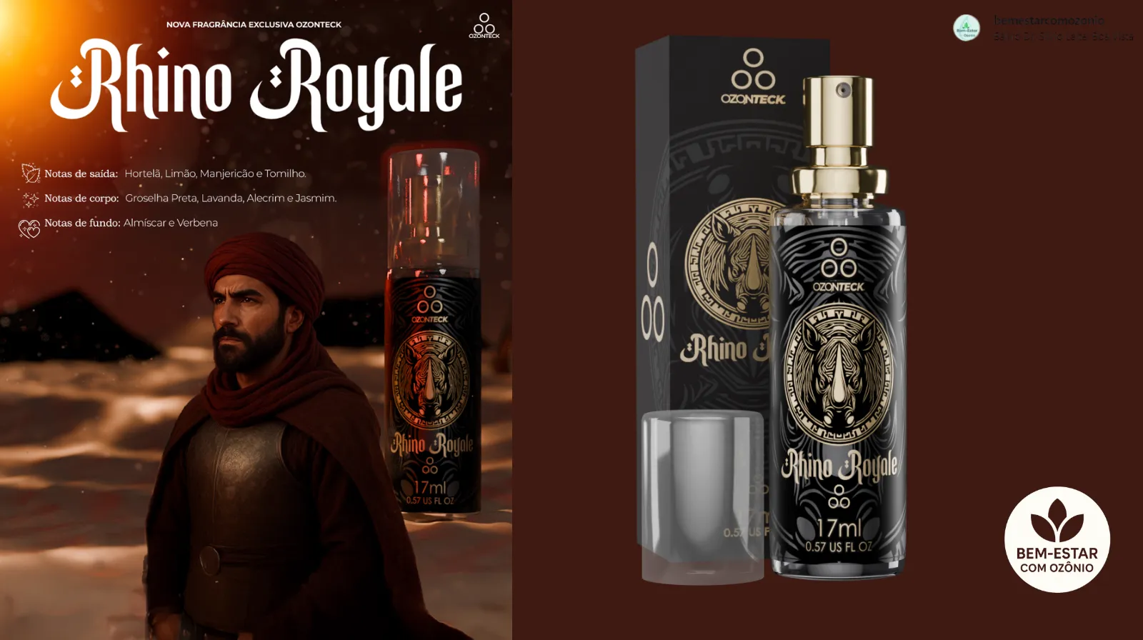 Perfume Árabe Masculino Rhino Royale Ozonteck 17ml com modelo em traje guerreiro oriental.