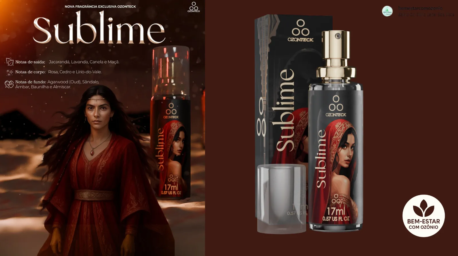 Perfume Árabe Feminino Sublime Ozonteck 17ml com modelo em traje nobre oriental.