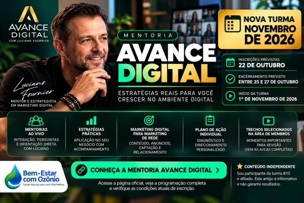 Mentoria Avance Digital de Luciano Fournier, nova turma de novembro de 2026 com encontros ao vivo e inscrições previstas para outubro.